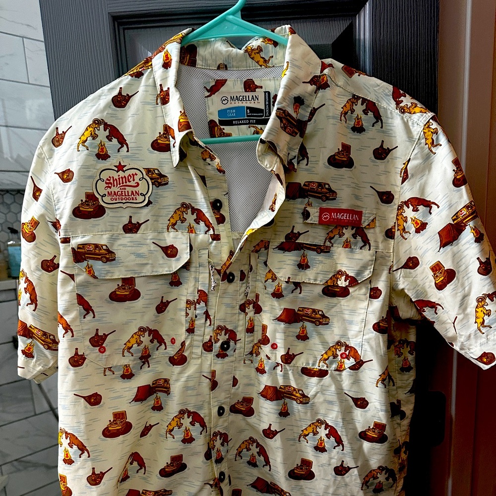 Magellan Outdoors Men's Cream Shirt with Beer and Grill Print
